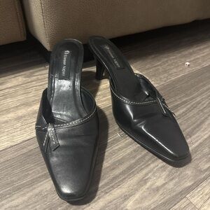 Etienne Aigner Black Leather Mules with Bow Accent